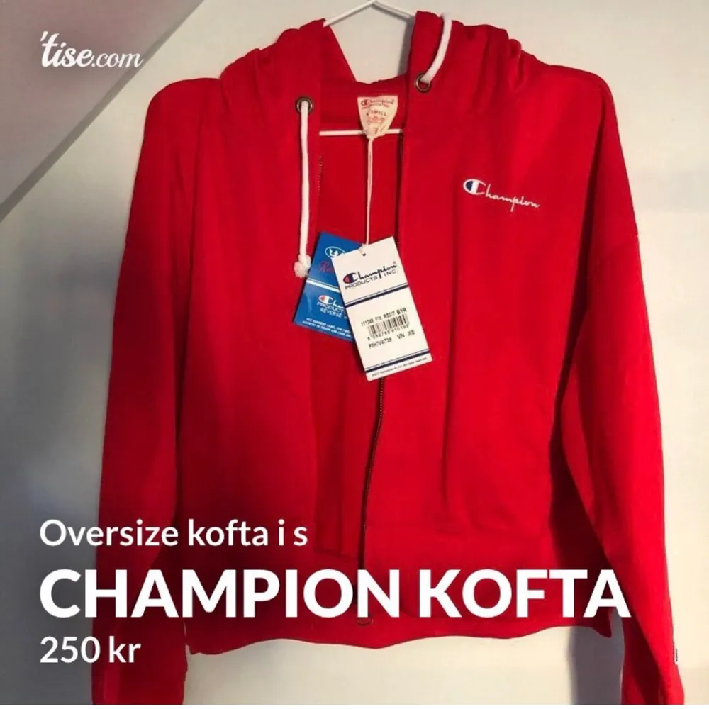 Oversize kofta från champion Storlek s men den är stor i passform och kan därför passa på en m.  Aldrig använd och har kvar prislappen . Hoodies.