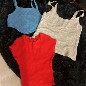 Tre toppar i rött, blått och grått - Säljer tre snygga toppar: en röd ärmlös topp med rund hals, en blå ribbad linnetopp med smala axelband och diskret mönster samt en ljusgrå linnetopp med spetsdetaljer vid axelbanden. Perfekta för sommaren och lätta att matcha till olika outfits.