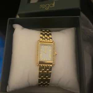 Guldig rektangulär klocka från Regal - Snygg guldig klocka från Regal med rektangulärt ur och romerska siffror. Armbandet är i metall och har en klassisk länkdesign. Urets kanter är dekorerade med små stenar som ger extra bling. Perfekt accessoar för att lyfta din stil.
