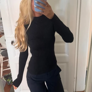 Svart ribbad polotröja - Säljer en svart ribbad polotröja med lång ärm och tight passform. Tröjan har en hög hals och är tillverkad i ett stretchigt material som sitter snyggt mot kroppen. Perfekt att styla med jeans eller kjol för en clean look.