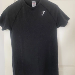 Svart t-shirt från Gymshark - Säljer en svart t-shirt från Gymshark med diskret logga på bröstet. T-shirten har rund halsringning och är tillverkad i ett syntetmaterial som andas, perfekt för träning. Storlek XS men passar också S
