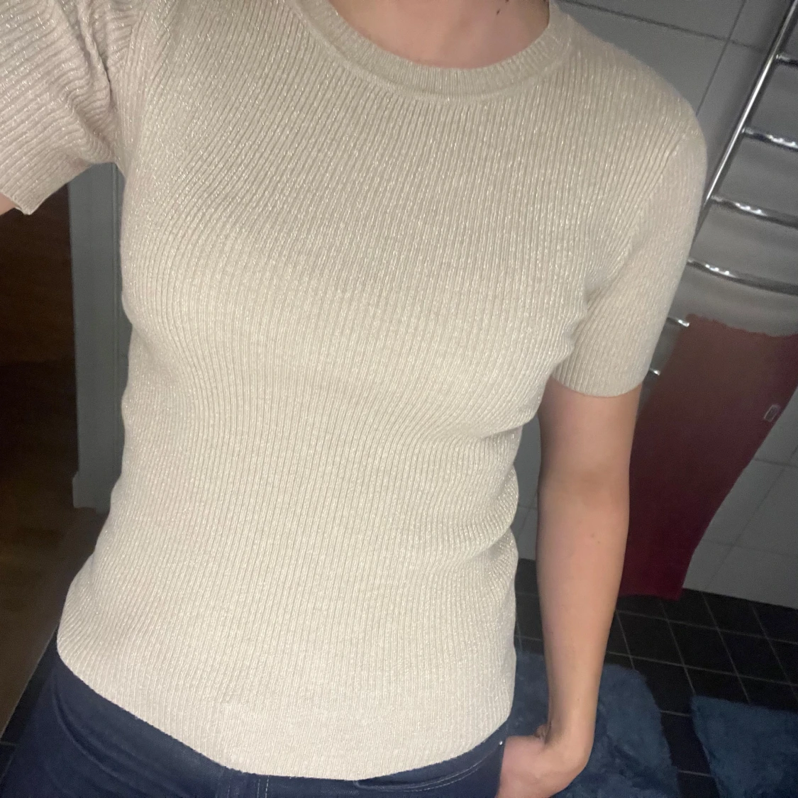 Beige ribbad topp - 1