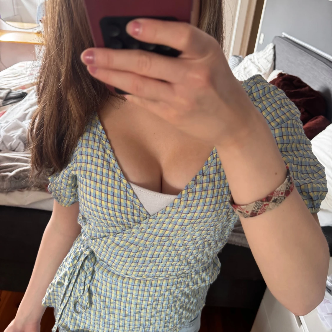 Rutig omlottopp i blått och gult - 3