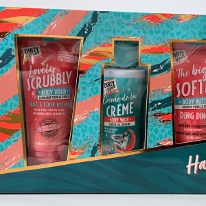 Dirty Works Bodycare Gift Set - Färgglatt presentkit från Dirty Works med body scrub, body wash, body butter och ett läppbalsam med kokos. Produkterna har fruktiga och blommiga dofter, och förpackningarna går i turkos, rosa och guld. Perfekt för dig som vill ha en lyxig känsla i badrummet.