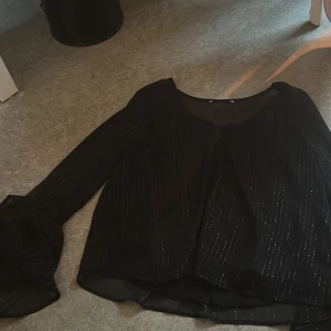 Svart glittrig blus med vida ärmar - Säljer en svart blus med tunna silvriga ränder och glittrig effekt. Blusen har transparenta, vida långärmar och en lös passform. Perfekt för dig som gillar att sticka ut lite extra med snygga detaljer och flowy material. Lappen är avklippta så vet inte vart den är ifrån elelr bilen storlek den är men skulle gissa på s
