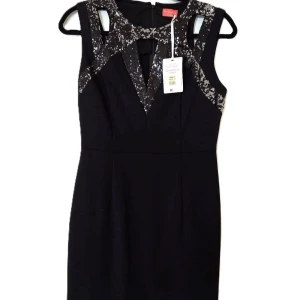 Oanvänd klänning Oasis svart med paljetter Ny prislapp strl 36 / S - Helt ny svart aftonklänning med svarta- & silverfärgade paljetter från Oasis (Wonderland-serien). Material: Viskos & nylon . Storlek: 36/10.  Skick: helt ny / oanvänd (prislappen kvar, se bild).  Från djur- samt rökfritt hem.