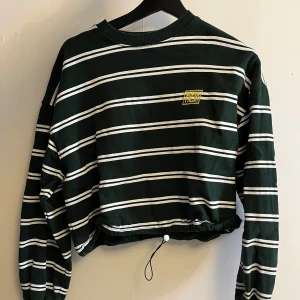 Grön och vit randig croppad tröja från Junkyard - Säljer en grön och vit randig croppad tröja från Junkyard. Tröjan har långa ärmar, rund halsringning och dragsko i nederkanten för justerbar passform. Perfekt för en avslappnad stil.