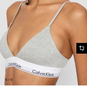 Grå triangelformad bh från Calvin Klein - Säljer en grå triangelformad bh från Calvin Klein med smala axelband och vit resår med logga under bysten. Bh:n är mjuk och utan bygel 💕obs: ej vadderad