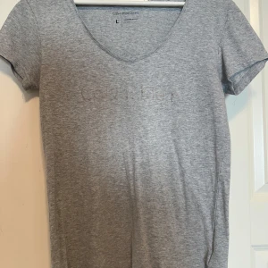 Grå t-shirt från Calvin Klein Jeans - Säljer en stilren grå t-shirt från Calvin Klein Jeans med diskret logga framtill. T-shirten har rund halsringning och korta ärmar. Perfekt basplagg till garderoben! Tröjan är använd men är i ett bra skick. 