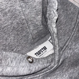 Grå hoodie från Trapstar med tryck - Säljer en grå hoodie från Trapstar med stor logga i blått, vitt och svart framtill. Tröjan har huva med snörningshål, magficka och långa ärmar. Perfekt för dig som gillar streetwear och vill ha en chill look. Snören är tyvärr borta och den är lite sliten 