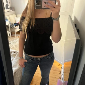 Svart offshoulder topp - Säljer en snygg svart offshoulder topp med spetsdetaljer. Perfekt för en stilren look. Toppen har en fin passform och är tillverkad i ett mjukt material. Köpte i London så vet tyvärr inte var den är ifrån!