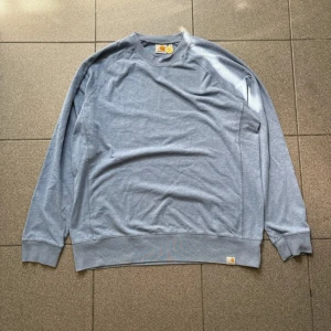 Ljusblå sweatshirt från Carhartt - Storlek: L Ljusblå crewneck från Carhartt i mjuk bomull. Klassisk design med ribbade muddar vid ärmslut och nederkant, samt diskret Carhartt-logga på bröstet och vid midjan. Perfekt för chill dagar och enkel att matcha med jeans eller shorts.
