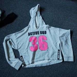 Grå hoodie med rosa tryck ACTIVE SQD - Säljer en grå hoodie från ACTIVE SQD med stort rosa tryck '36' på framsidan och svart text. Tröjan har huva, långa ärmar och coola svarta detaljer med loggan på sidorna. Perfekt för dig som gillar sportig och avslappnad stil. Kan tvättas innan jag skickar det om du vill😄