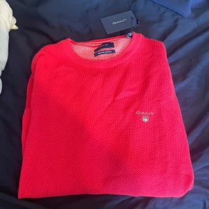 Röd bomullströja från GANT - Säljer en snygg röd tröja från GANT i premium bomull med rund hals och diskret logga broderad på bröstet. Tröjan har en pikéstickad struktur som ger en cool och modern vibe. Perfekt för dig som gillar klassisk stil med en twist.