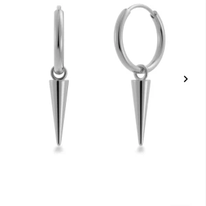 Peak hoops steel - Snygga örhängen i blankt rostfritt stål med rund ring och en cool, spetsig spike-hängare. Ringen har en diameter på 12 mm och spiken är 15 mm hög. Perfekta för dig som gillar en edgy och stilren look. Använda 1 gång och är rengjorda, priset kan diskuteras vid snabb affär.