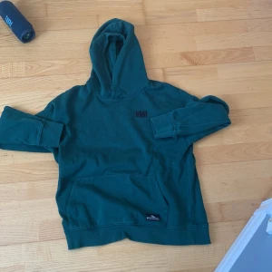 Grön hoodie med broderad logga - Säljer en grön hoodie med en broderad logga på bröstet. Tröjan har en stor ficka framtill och en bekväm huva. Perfekt för en avslappnad stil.