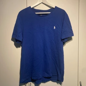 Polo Ralph Lauren Blå T-shirt  - Polo Ralph Lauren klassisk blå t-shirt med vit broderad logga på bröstet. Perfekt för en stilren och enkel look. Grymt basplagg. Välanvänd men i dugligt skick, något urringad. Storlek L men passar M. Nypris 900kr. För fler bilder skriv i DM! 