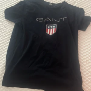 GANT t-shirt med logga och emblem - Två snygga t-shirts från GANT med klassisk logga och ett emblem med stjärnor och ränder på bröstet. En är marinblå och den andra ljusblå. Båda har rund hals och korta ärmar, perfekta till jeans eller shorts. Materialet känns mjukt och skönt, troligtvis bomull.