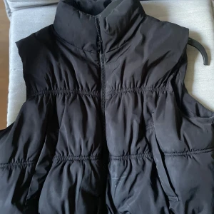 Svart dunväst från DIVIDED, M - Svart dunväst från DIVIDED i storlek M. Västen har hög krage, dragkedja framtill och quiltad design med snygga sömmar som ger en puffig look. Perfekt att slänga över en hoodie för extra värme. Enkel och stilren, passar till många outfits.