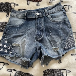 Blå jeansshorts med stjärnor och fransar - Snygga blå jeansshorts med slitna detaljer och fransar. Shortsen har stjärnmönster på sidorna och dekorativa sömmar på bakfickorna. Perfekta för en avslappnad stil.