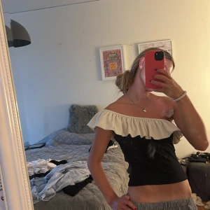 Svart offshoulder topp med volang ZARA - Supersnygg svart offshoulder topp med bred vit volang runt axlarna. Toppen är tight och croppad, perfekt för att sticka ut. Materialet känns som stretchig polyester och toppen har en modern vibe som passar till många olika looks. Från Zara . Pris kan diskutera 