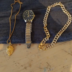 Guldiga halsband & klocka - Säljer två feta halsband och en snygg Winner-klocka. Ett halsband har ett lejonhuvud i guld, det andra är en chunky kedja med glittriga stenar. Klockan har svart urtavla, guldiga detaljer och tvåfärgad länk i silver och guld. Perfekt för dig som vill sticka ut!
