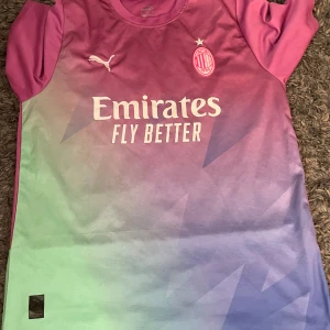 AC Milan x Puma färgglad fotbollströja - Snygg AC Milan fotbollströja från Puma med korta ärmar. Tröjan har en  färgövergång i rosa, lila, blått och grönt med vita loggor och tryck. Tillverkad i lätt och ventilerande funktionsmaterial, perfekt för träning eller match.