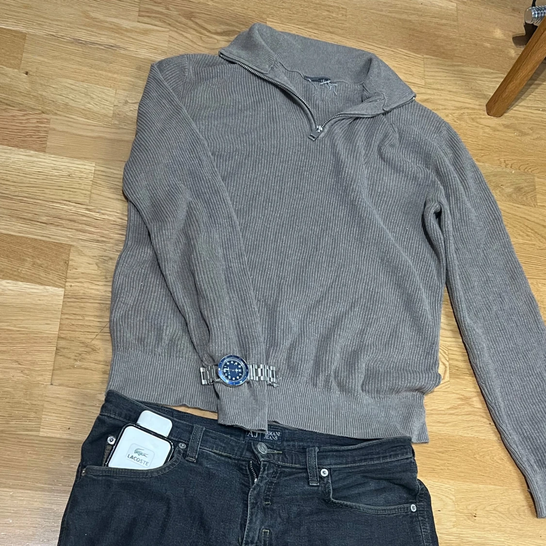 Beige  ribbad half zip stickad tröja - 2