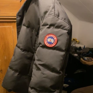 Canada goose - Säljer en grå dunjacka med ett märke på ärmen. Jackan har en dragkedja och knappar framtill. Perfekt för kalla dagar med sin pufferdesign som håller värmen inne. Den har långa ärmar och en hög krage för extra skydd mot kyla.