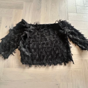 Svart fjäderliknande topp - Unik svart topp med fjäderliknande detaljer och en croppad passform. Toppen har långa ärmar och en textur som ger ett spännande utseende. Perfekt för att sticka ut i mängden! Riktigt fest topp! Stolen M men passar även S