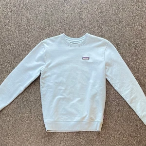 Ljusblå sweatshirt från Patagonia - Säljer en stilren ljusblå sweatshirt från Patagonia. Tröjan har en klassisk rund halsringning och en diskret logotyp på bröstet. Perfekt för en avslappnad stil.