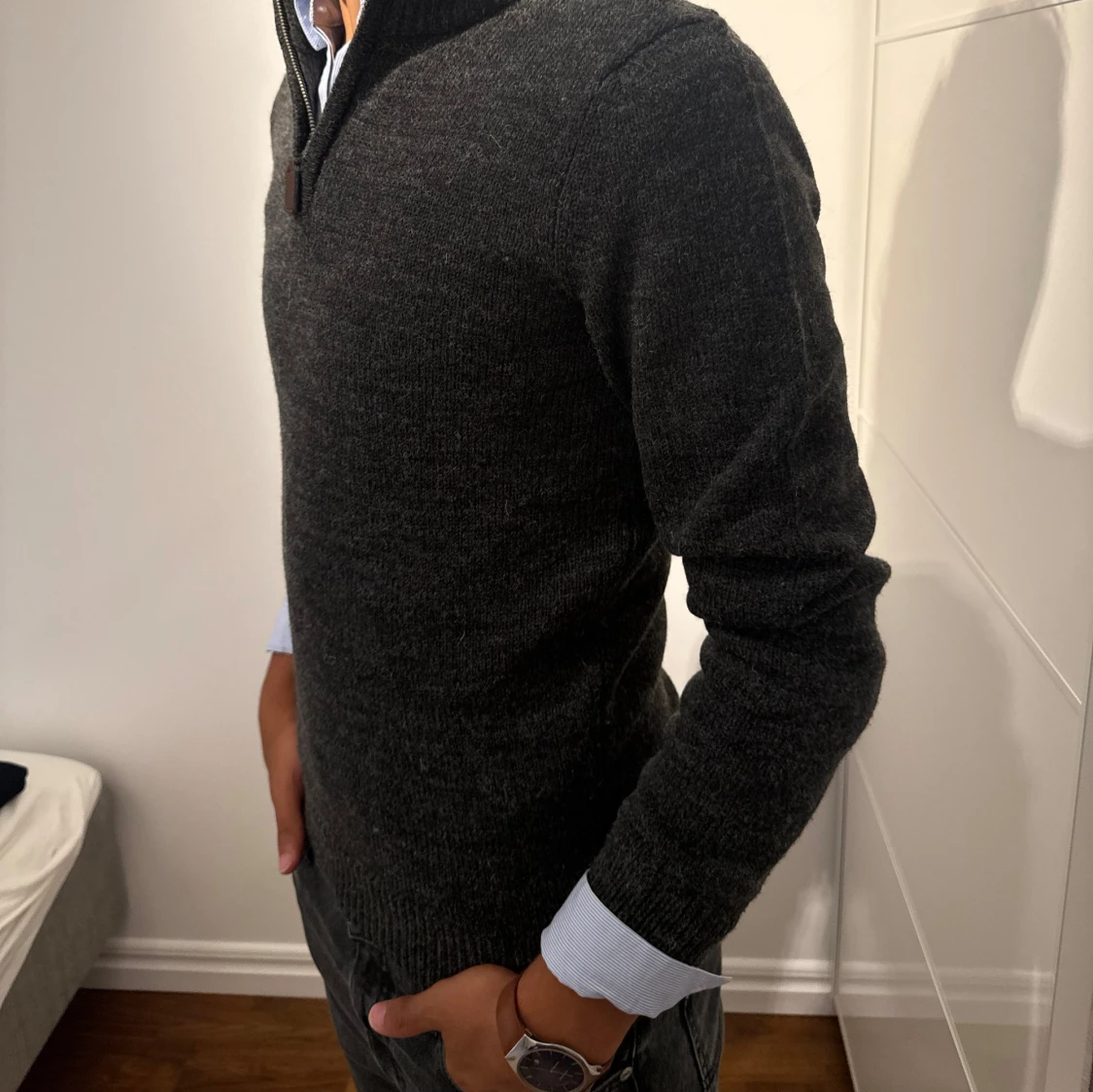 Mörkgrå stickad half zip-tröja  - 2