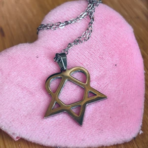 90’s vintage alternative/HIM/Lovemetal-halsband! - 90’s vintage alternative/HIM/Lovemeta-halsband i rostfritt stål med Heartagram. Kedja medföljer. Mått Heartagram: 2 x 2,5  cm. Kedja: 44 cm (+6). I nyskick!