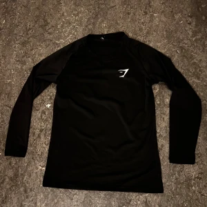 Svart långärmad träningströja från Gymshark - Säljer en svart långärmad träningströja från Gymshark med diskret logga på bröstet. Tröjan har en tight passform och är tillverkad i ett syntetmaterial som andas, perfekt för gym eller löpning.