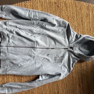 Ljusblå hoodie från Wasted Paris  - Säljer en ljusblå hoodie från Wasted i 100% bomull. Tröjan har dragkedja framtill, huva och fickor på sidorna. Tryck på ryggen och liten logga på bröstet. Perfekt för en avslappnad stil.