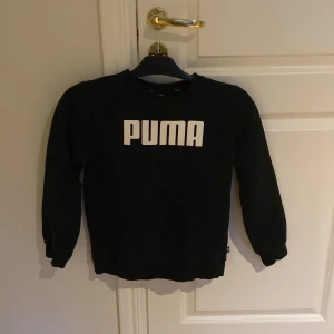Svart tröja från Puma - Säljer en svart tröja från Puma med deras ikoniska logga i vitt på bröstet. Tröjan har långa ärmar och en klassisk rund halsringning. Bra tröja inte för tjock och inte för tunn helt perfekt för alla väder.