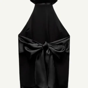 Svart halterneck topp från Zara - Elegant svart halterneck topp från Zara i ett glansigt material. Toppen har en hög krage med knappar i nacken och en stor dekorativ rosett på baksidan. Köpt på plick men passade tyvärr inte, nyskick.