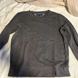 Grå tröja från Tommy Hilfiger - Säljer en stilren grå tröja från Tommy Hilfiger med diskret mönster och rund hals. Tröjan har långa ärmar och en liten logotyp på bröstet. Perfekt för en avslappnad look.