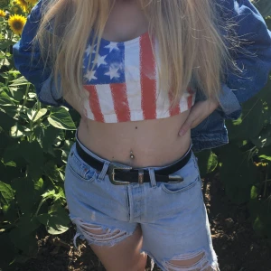 Amerikansk flaggmönstrad croppad topp från Topshop - Säljer en cool croppad topp från Topshop med amerikanskt flaggmönster i rött, vitt och blått. Perfekt för sommarens festivaler eller en dag på stranden. Toppen har en ärmlös design och är tillverkad i ett mjukt material för extra komfort.