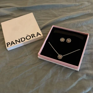 Smyckeset från Pandora - Värda lite över 1000 kr men är använda mycket sällan så sänker till 750 kr för båda tillsammans. Elegant smyckeset från Pandora med ett halsband och matchande örhängen. Båda smyckena har ett vackert cirkulärt hängsmycke med detaljerade mönster. Perfekt för att ge en stilren touch till din look.