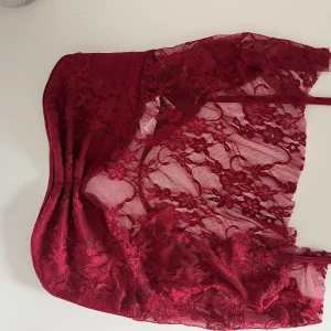Vinröd spets tubtopp - Säljer en vinröd tubtopp från SHEIN i storlek XS. Toppen är i transparent spets med blommigt mönster och har bandeau-modell. Aldrig använd.