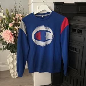 Blå Champion tröja med logga - Säljer en blå långärmad tröja från Champion, de står att det är en storlek L men skulle mer säga att den är en XS/S. tröjan är använd men inget som syns direkt. Loggan på framsidan är helt komplett och inga effekter på.