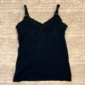 Marinblått linne med spetsdetalj - Marinblått linne med smala axelband och spetsdetalj upptill. Mjukt och stretchigt material som sitter bekvämt mot kroppen. Går även att använda utan bh då de är ett tyg över på insidan som du ser på bild 3💗