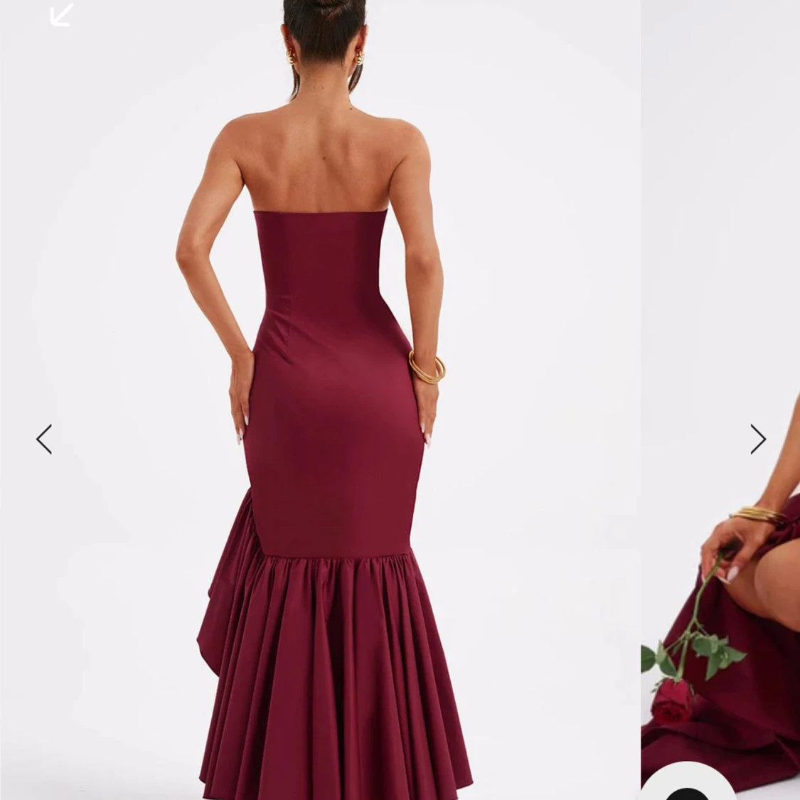 Bordeaux axelbandslös långklänning med volang - 2
