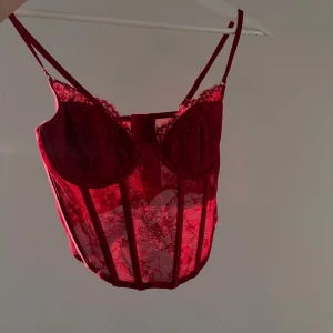 Röd spetskorsett med detaljer - Säljer en snygg röd korsett med spets och genomskinliga partier. Den har reglerbara axelband, bygel och dekorativa sömmar framtill. 75B