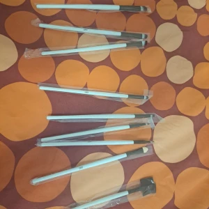 Set med vita sminkborstar - Säljer ett set med åtta sminkborstar med vita skaft och svarta borst. Borstarna är i olika former för applicering av ögonskugga, detaljer och bryn. Perfekt för dig som vill ha ett komplett kit för ögonmakeup. Några borstar har plastskydd kvar. 9st =160 1st = 22