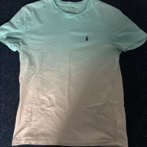 Mintgrön t-shirt från Ralph Lauren - Fräsch mintgrön t-shirt från Ralph Lauren med klassisk rund hals och korta ärmar. T-shirten har en snygg ombre-effekt från mintgrönt till vitt och den ikoniska Polo-loggan broderad på bröstet. Perfekt för dig som gillar stilrena plagg med en twist.