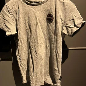 Grå t-shirt från Napapijri str 158 cm - Säljer en stilren grå t-shirt från Napapijri med rund hals och korta ärmar. T-shirten har en snygg broderad logotyp på bröstet och en liten etikett på sidan. Perfekt för en avslappnad look.