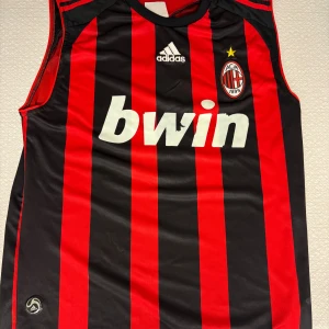 AC Milan ärmlös fotbollströja Adidas - Snygg ärmlös AC Milan fotbollströja från Adidas med klassiska röda och svarta ränder. Tröjan har klubbmärke, Adidas-logga och Bwin sponsortryck på bröstet. Perfekt för fotbollsträning eller att bära på läktaren.