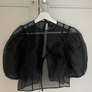 Svart transparent blus - Snygg svart transparent blus med puffiga ärmar och knytning i nacken. Perfekt för en trendig look. Man kan ha ett linne eller topp under blusen eller bara bh 💞